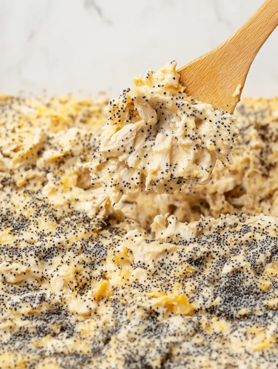 A close-up of a wooden spoon lifting a creamy mixture, sprinkled with poppy seeds, from a larger bowl of similar textured food.