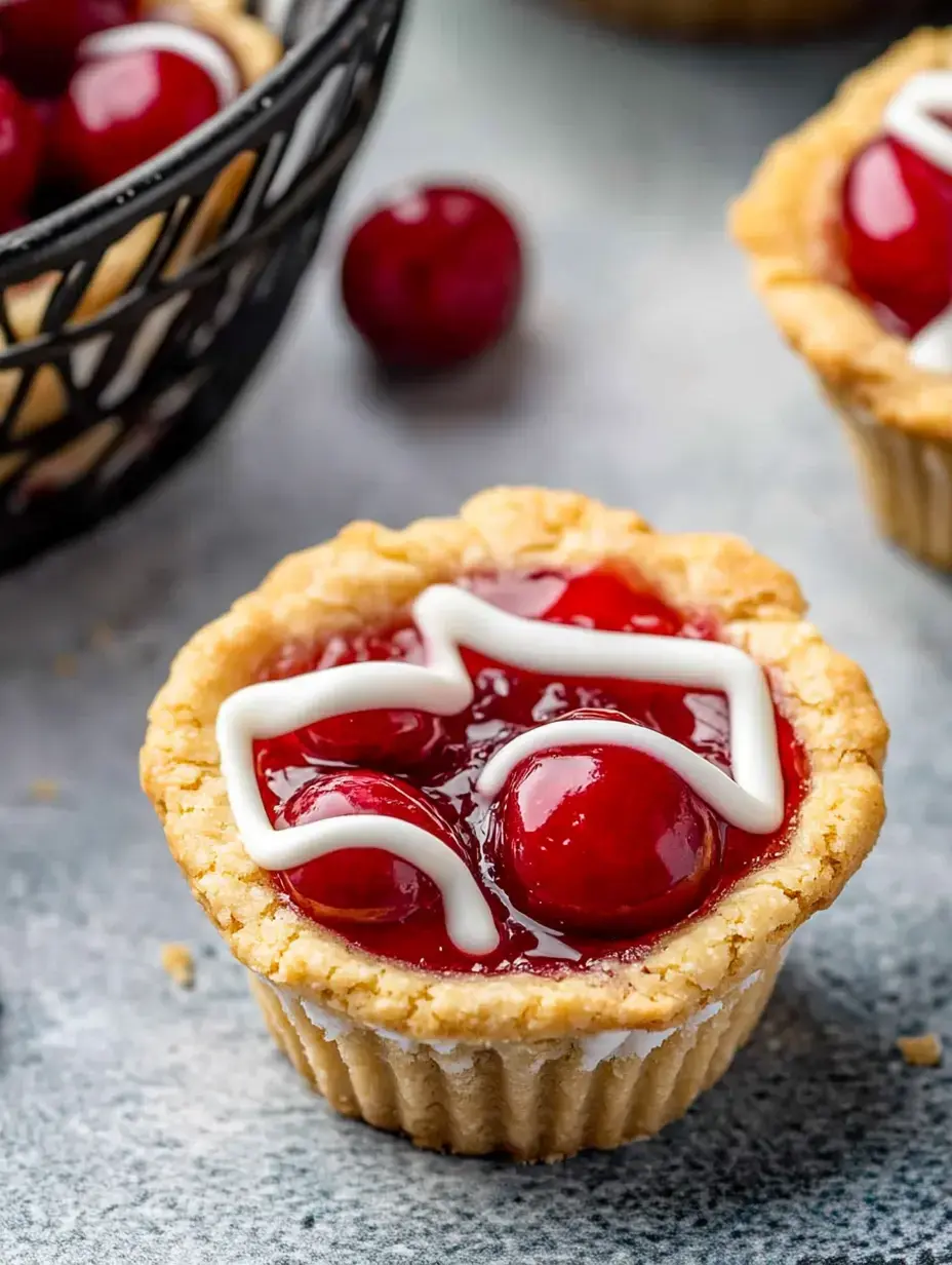 A close-up of a cherry tart topped with glossy cherry filling and decorative white icing, surrounded by additional cherries and tarts.