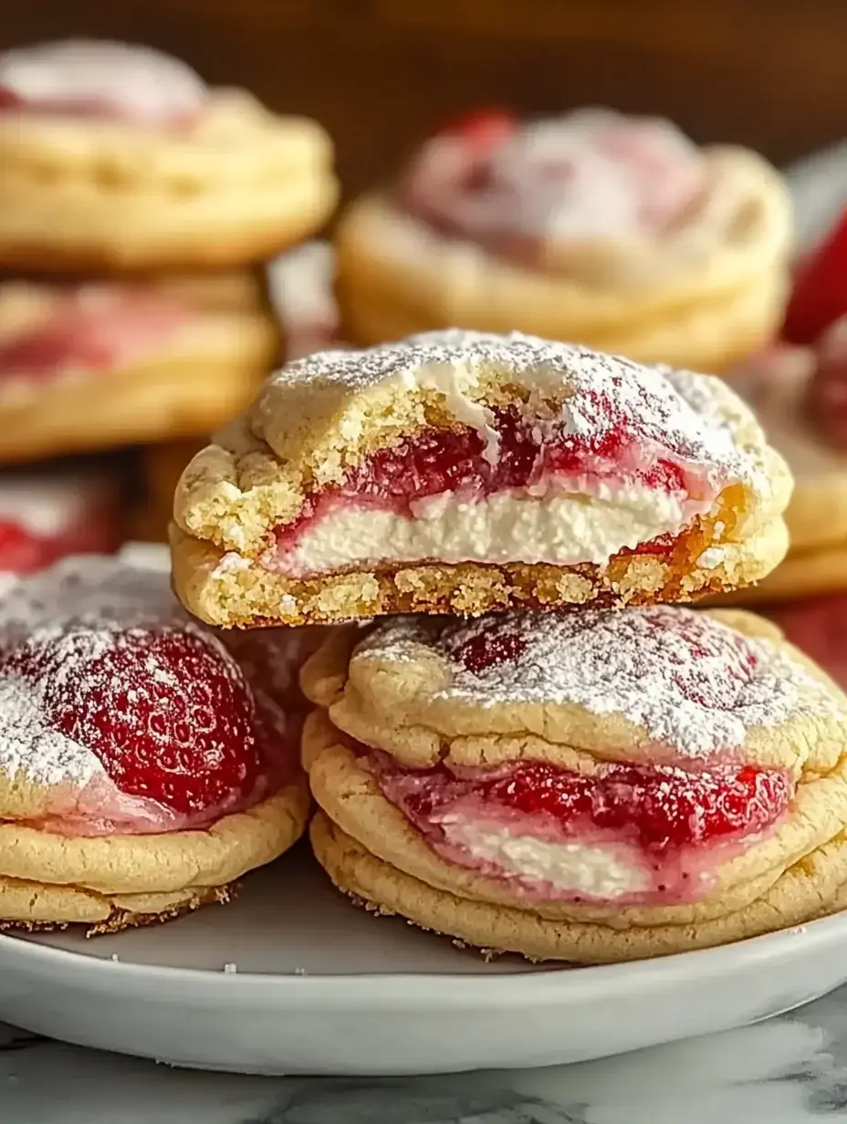 A plate of soft cookies filled with cream and strawberry preserves, dusted with powdered sugar.