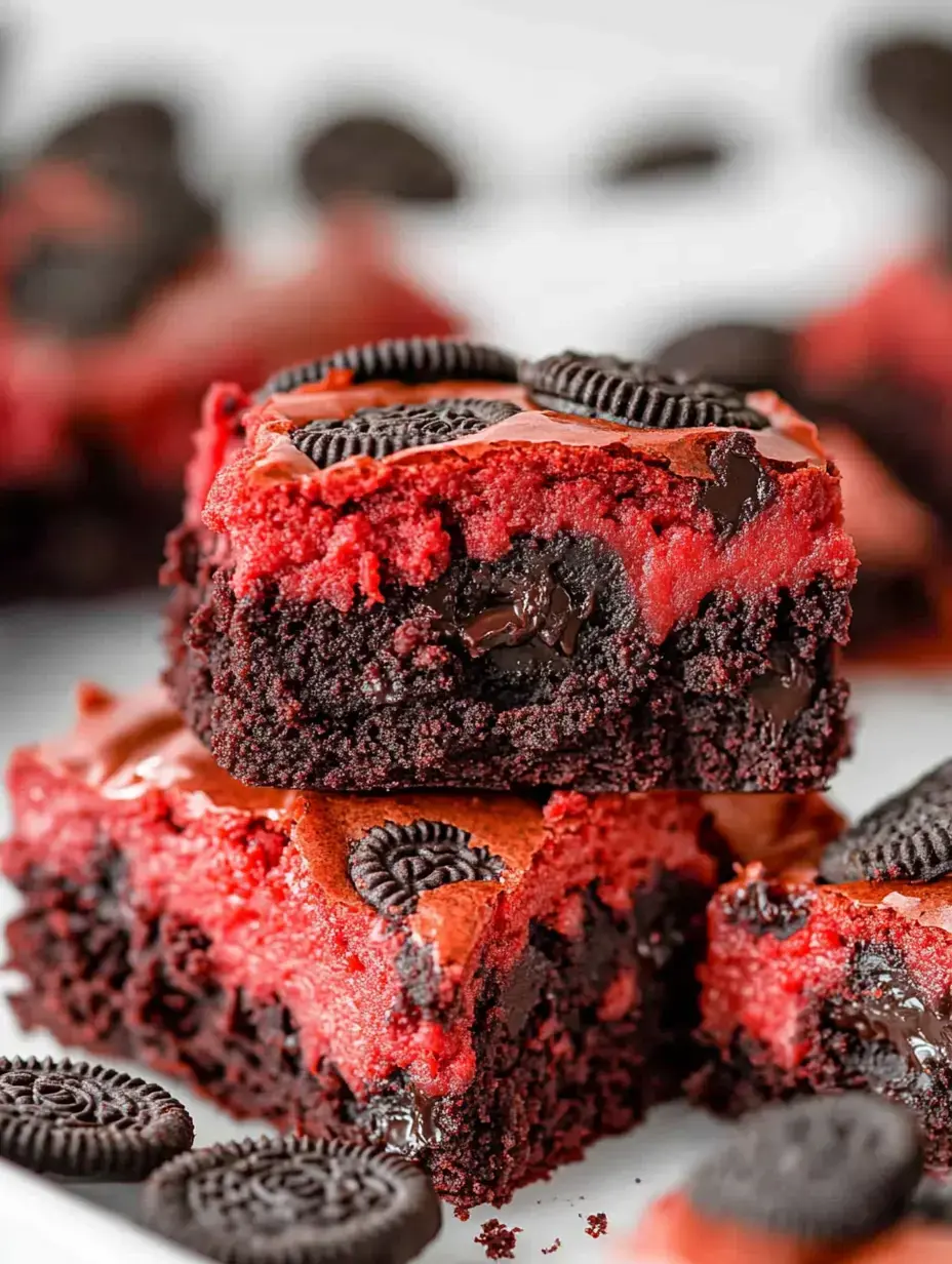 A close-up of layered red velvet brownies topped with chocolate chips and mini Oreo cookies, with some brownies stacked and others scattered around.