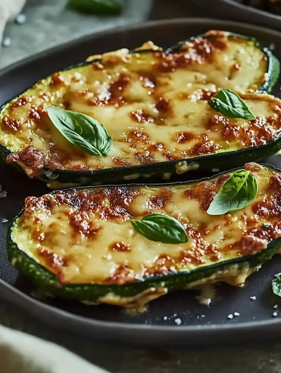 A close-up of two baked zucchini halves topped with melted cheese and fresh basil leaves, served on a dark plate.