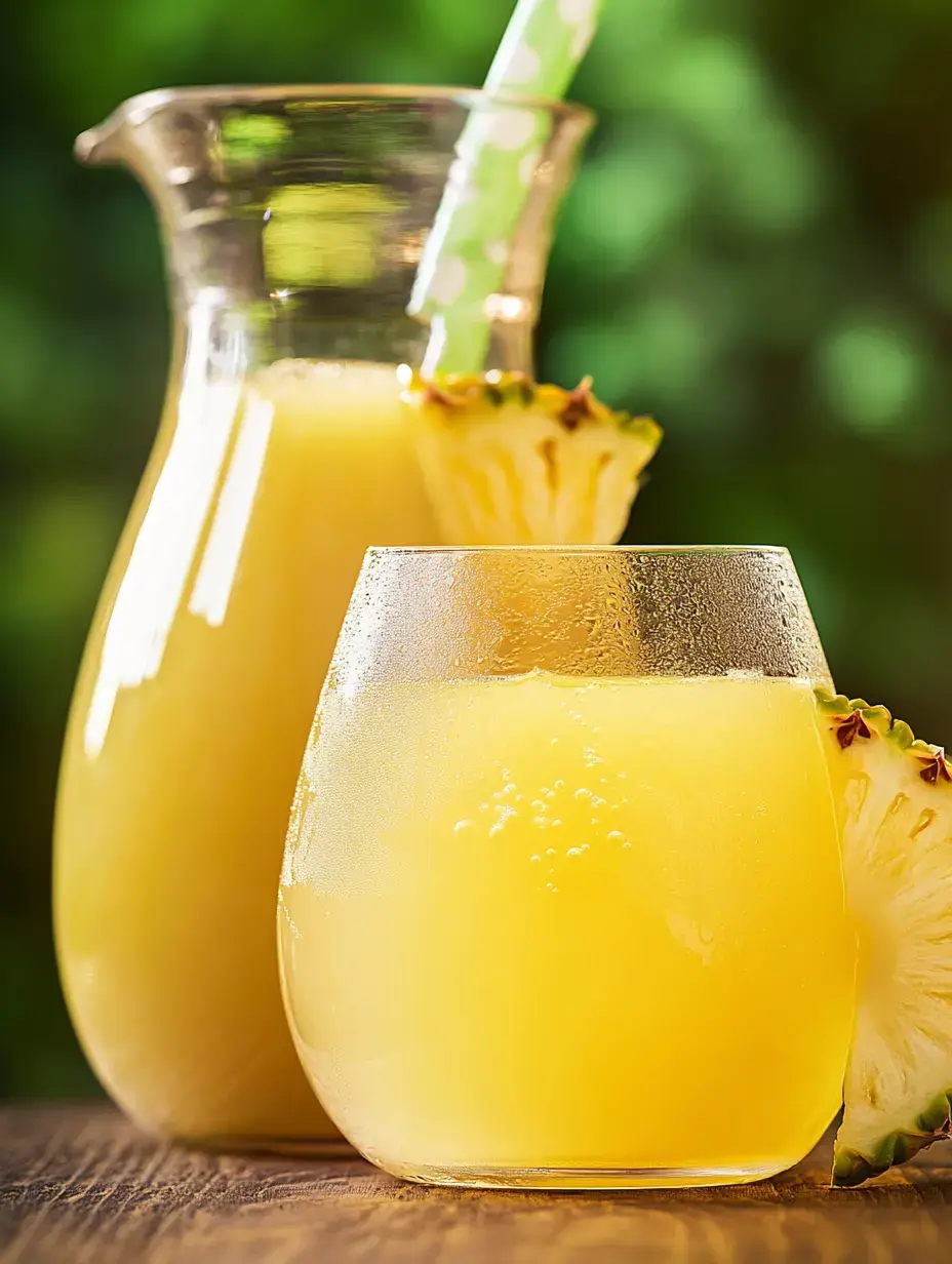 A pitcher and a glass of refreshing yellow juice are displayed, accompanied by a slice of pineapple.