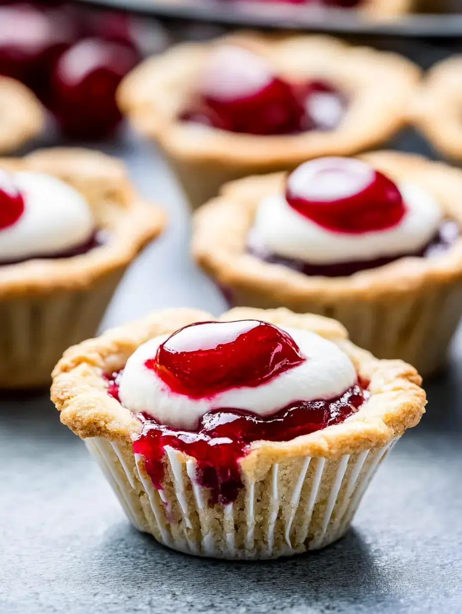 A close-up of a mini dessert cup filled with cherry topping and cream, set against a blurred background of similar treats.