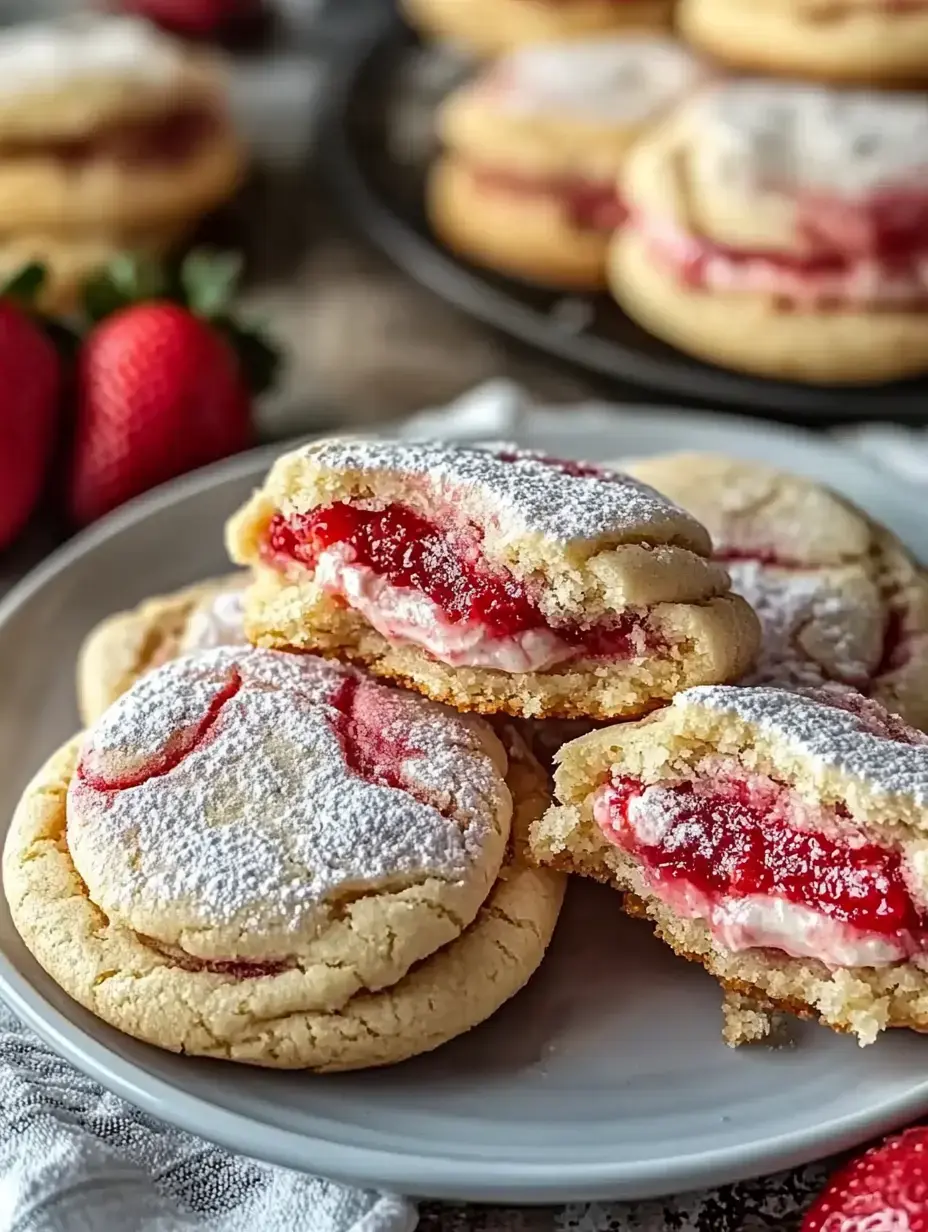 A plate of soft cookies filled with strawberry jam and cream, dusted with powdered sugar, beside fresh strawberries.