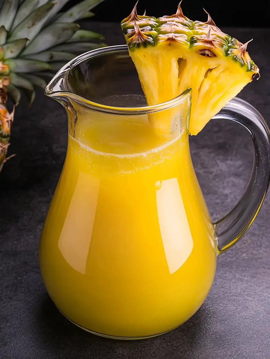 A glass pitcher filled with bright yellow pineapple juice, topped with a slice of pineapple, sits on a dark surface next to a whole pineapple.