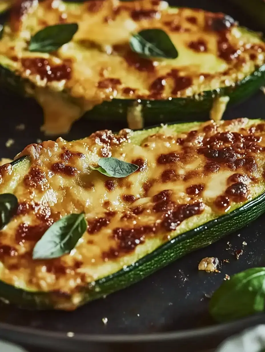 Baked zucchini halves topped with melted cheese and fresh basil.