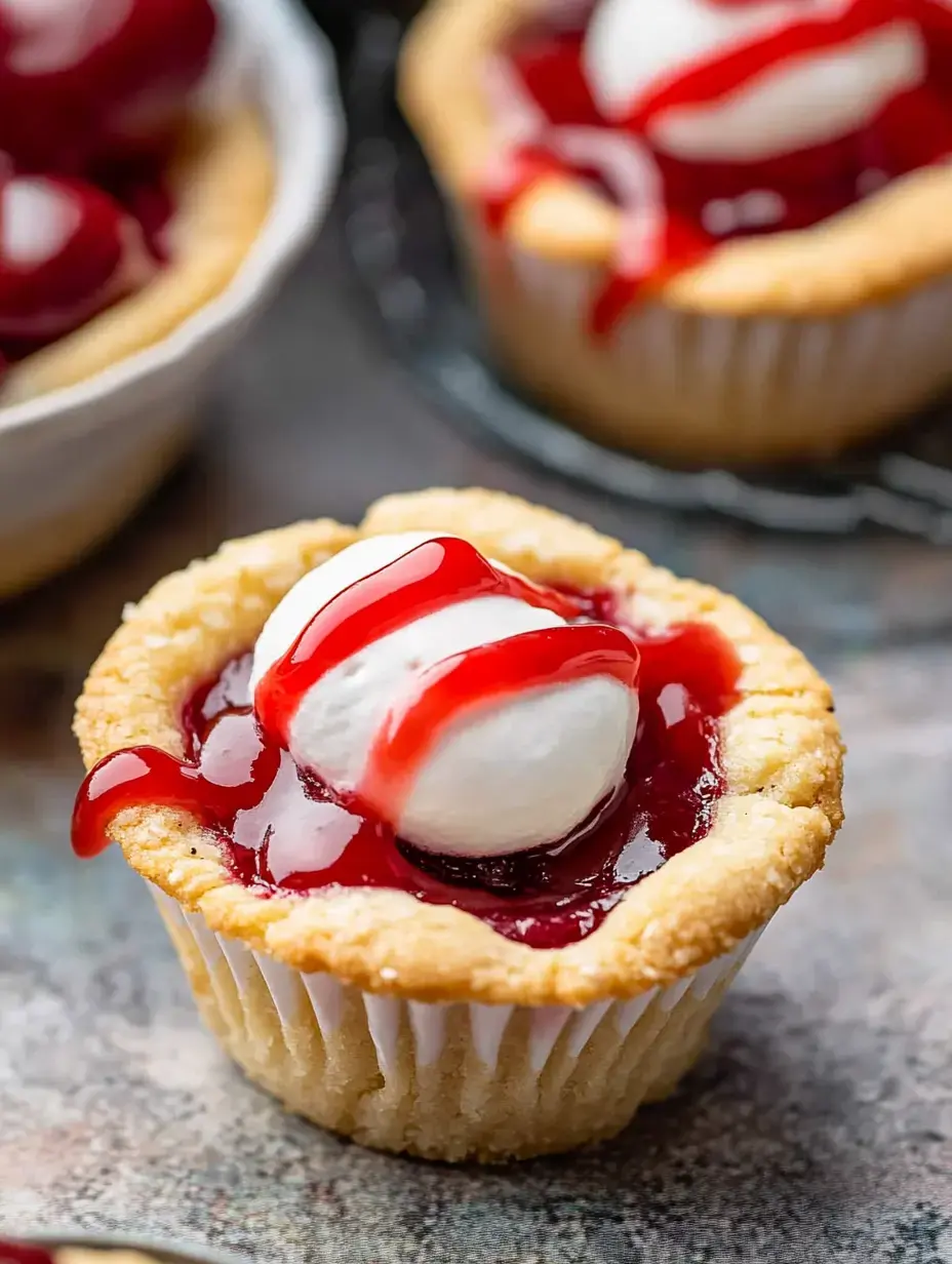 A close-up of a cherry cheesecake cookie cup topped with whipped cream and cherry sauce.