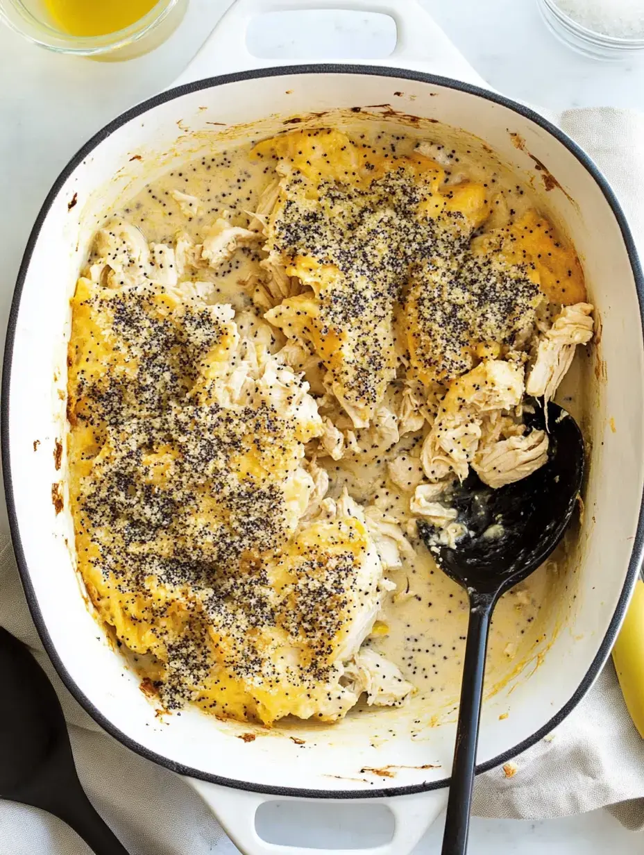 A creamy chicken casserole topped with a golden layer and sprinkled with poppy seeds in a white baking dish.