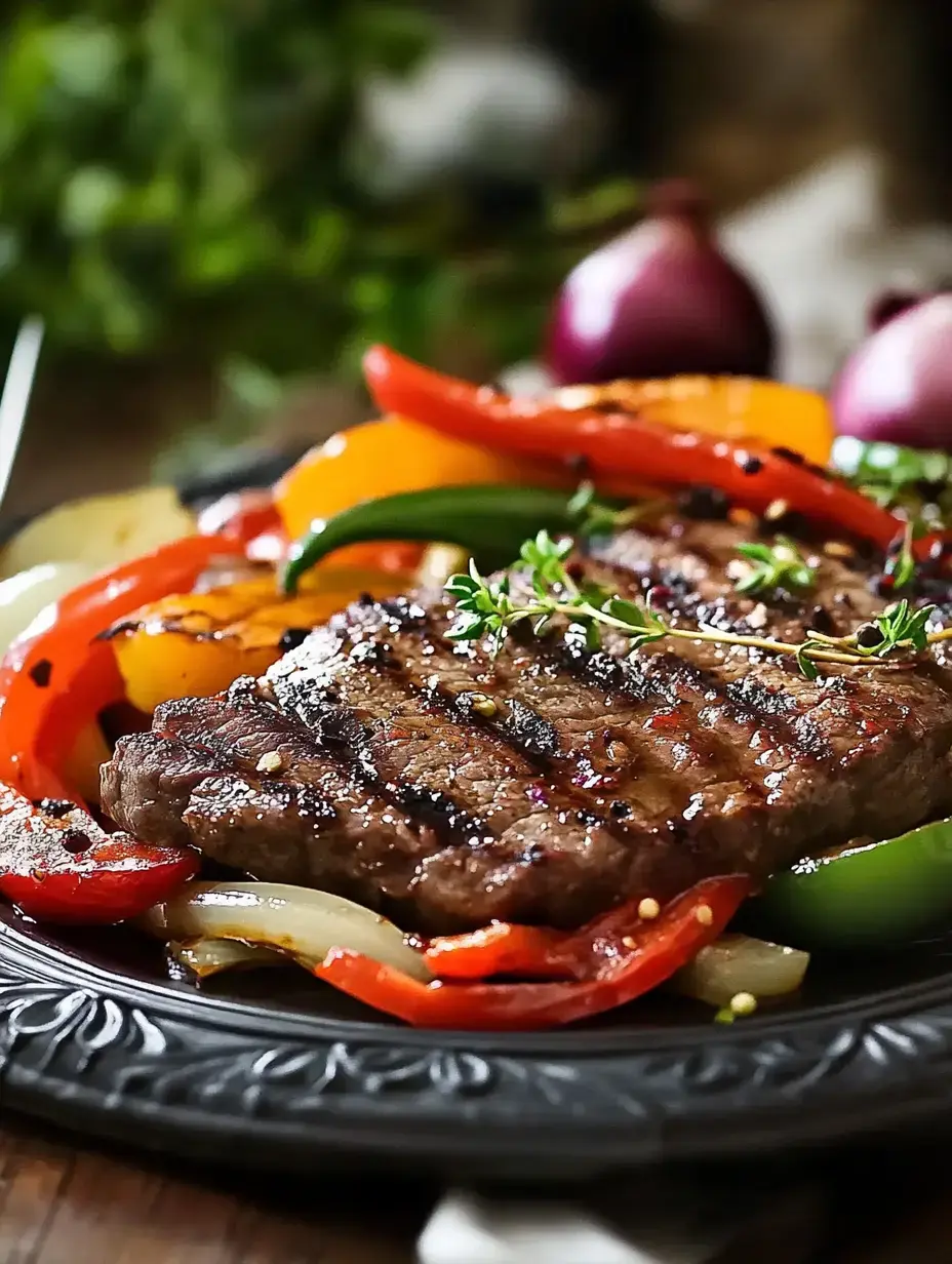 A grilled steak is served on a black plate with colorful sautéed bell peppers, onions, and fresh thyme.