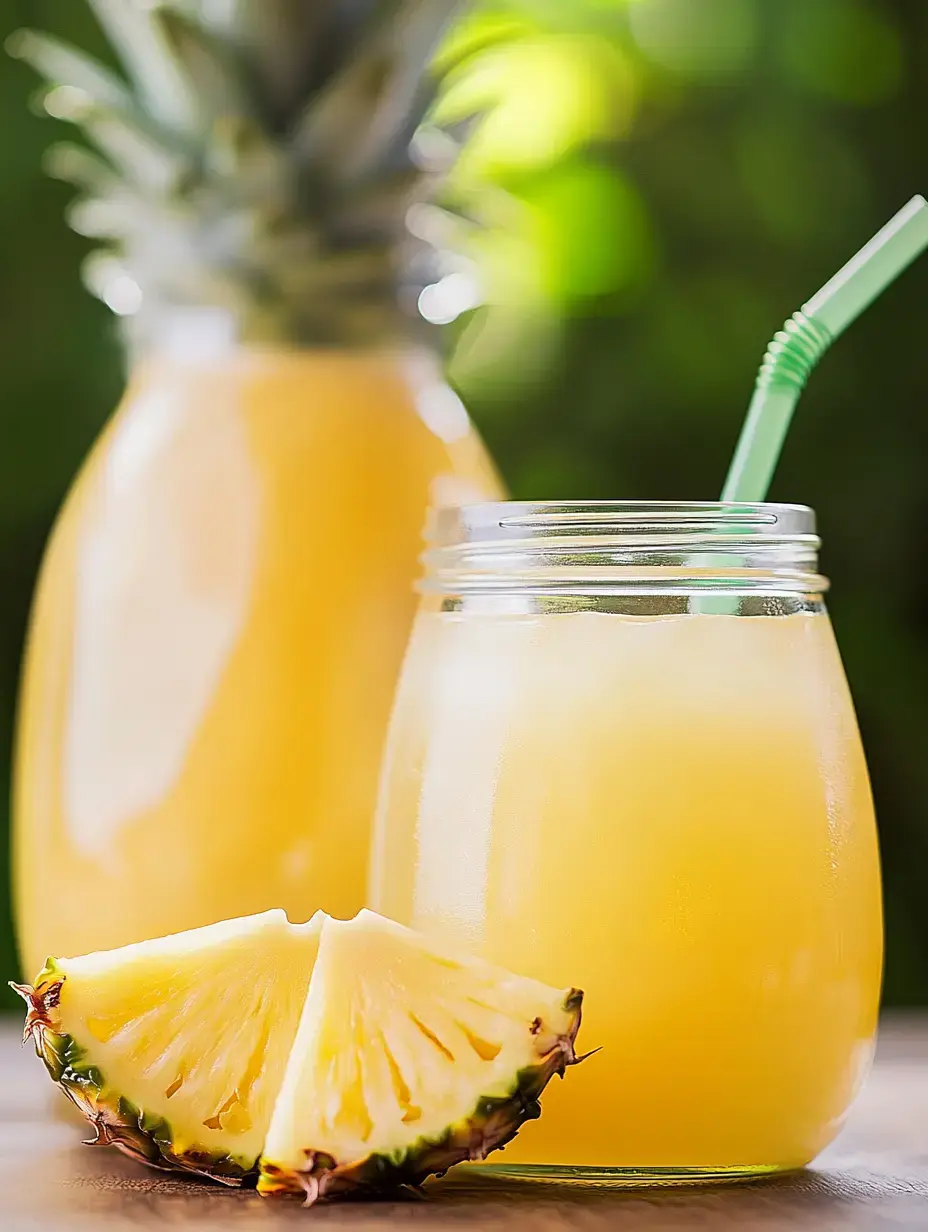 A glass of pineapple juice with a straw is placed beside a pitcher of juice and a slice of pineapple on a wooden surface.