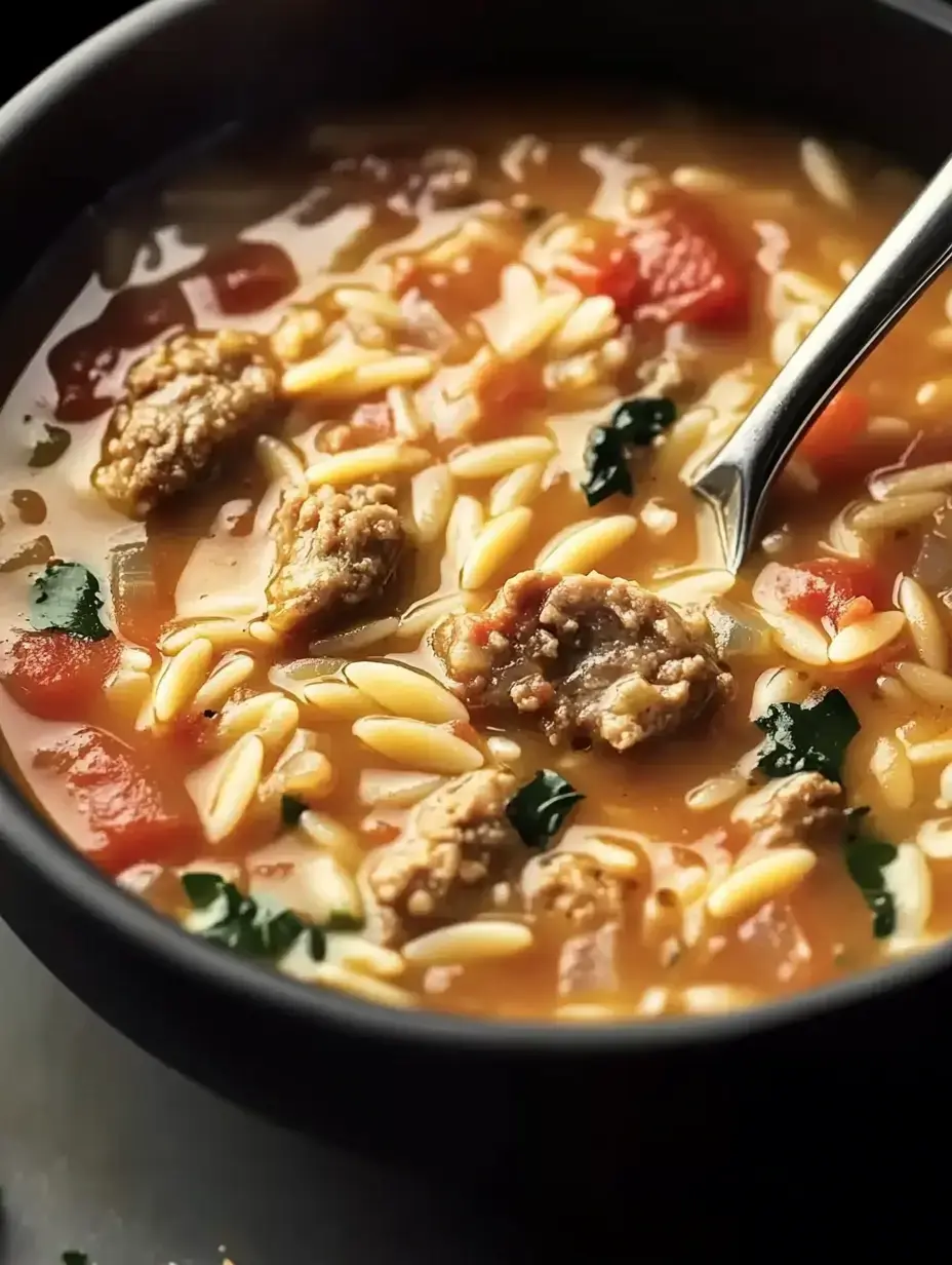 A bowl of hearty soup containing orzo pasta, ground meat, diced tomatoes, and fresh herbs.