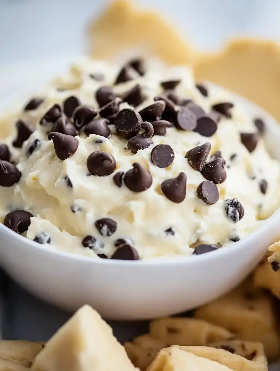 A bowl of creamy dessert dip topped with chocolate chips, surrounded by pieces of cookie or dessert crackers.