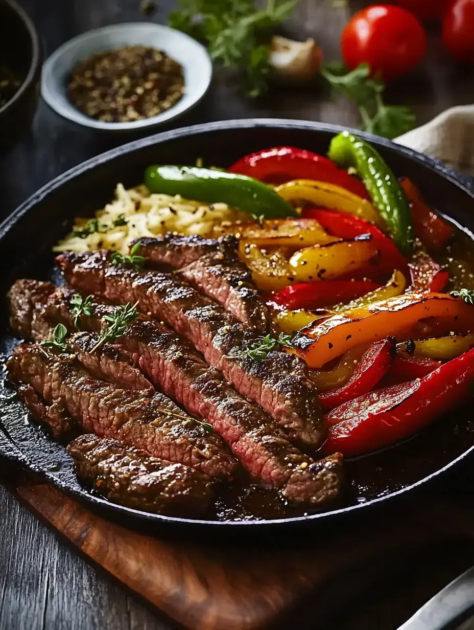 A sizzling platter of grilled steak slices accompanied by colorful sautéed bell peppers and garnished with herbs.