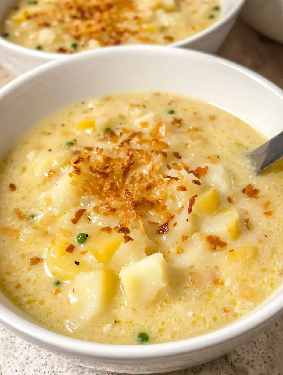 A close-up of a creamy soup in a white bowl, topped with crispy fried onions and pieces of yellow and white vegetables.