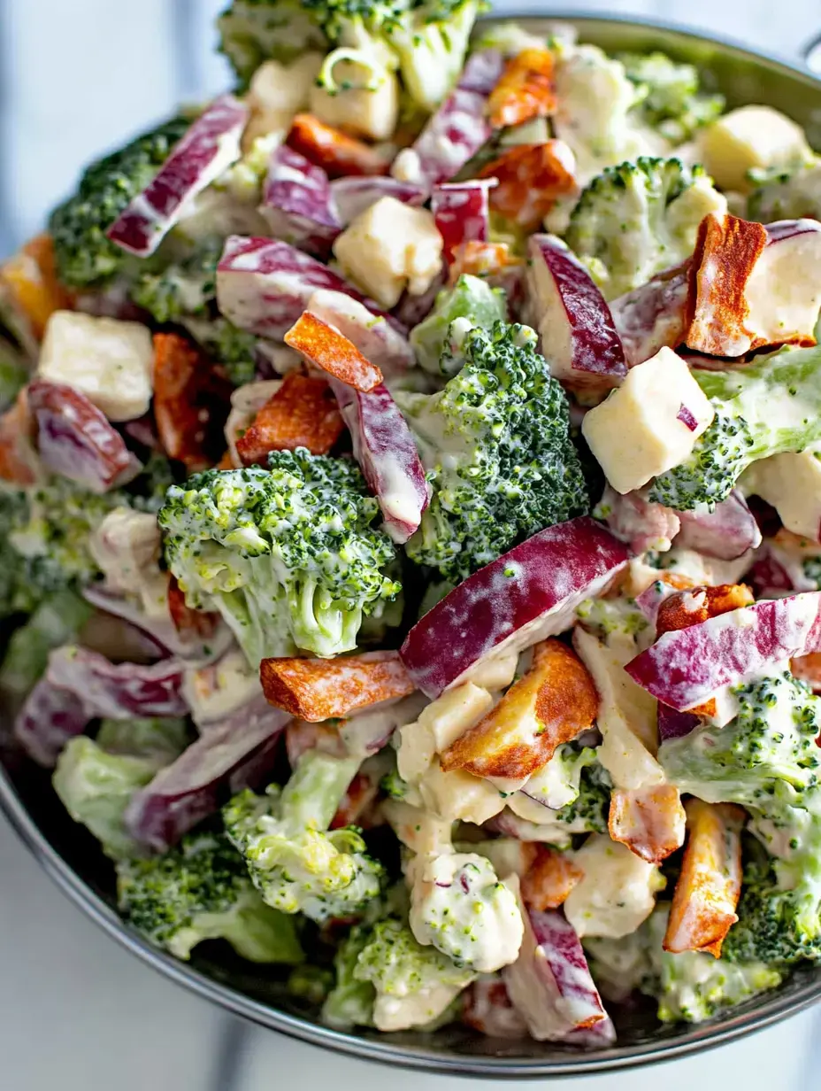 A colorful bowl of broccoli salad mixed with red apple slices, and a creamy dressing.