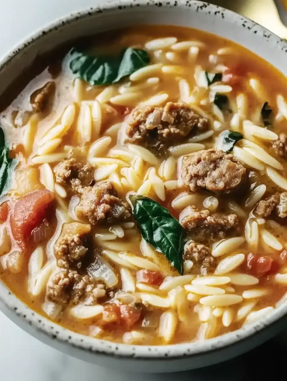 A close-up view of a bowl of soup featuring orzo pasta, ground meat, tomatoes, and fresh basil leaves.