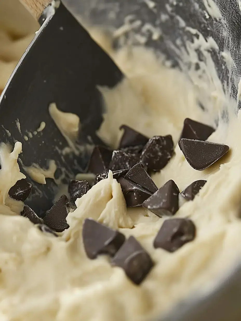 A mixing spatula is seen in a bowl with creamy batter and scattered chocolate chunks.