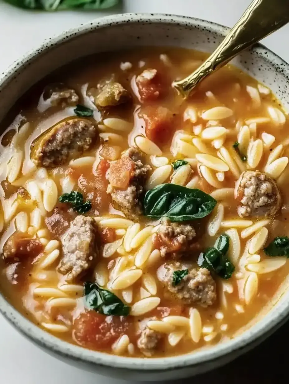 A bowl of soup featuring orzo pasta, pieces of meat, diced tomatoes, and fresh basil leaves.