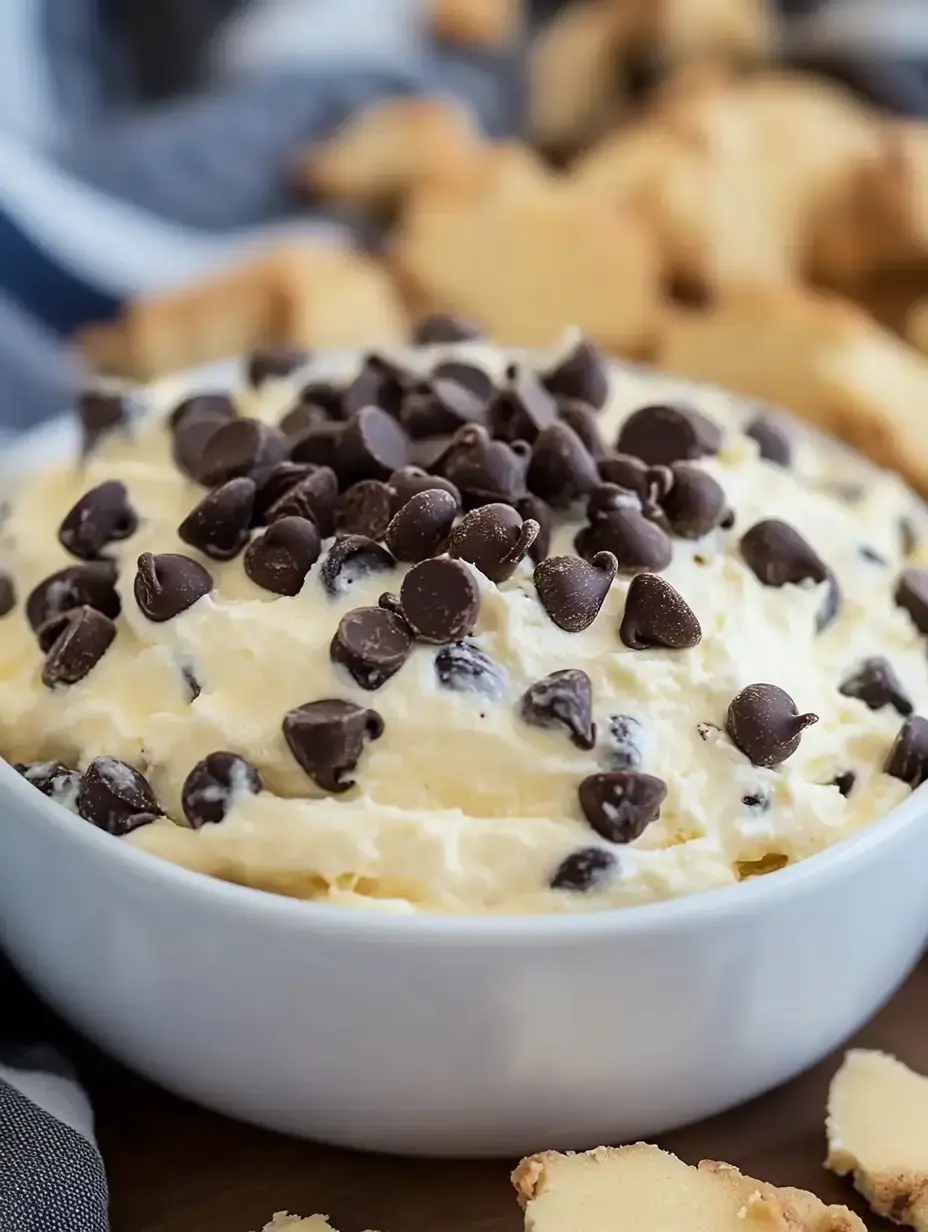 A creamy dessert dip topped with chocolate chips, accompanied by pieces of cookies.