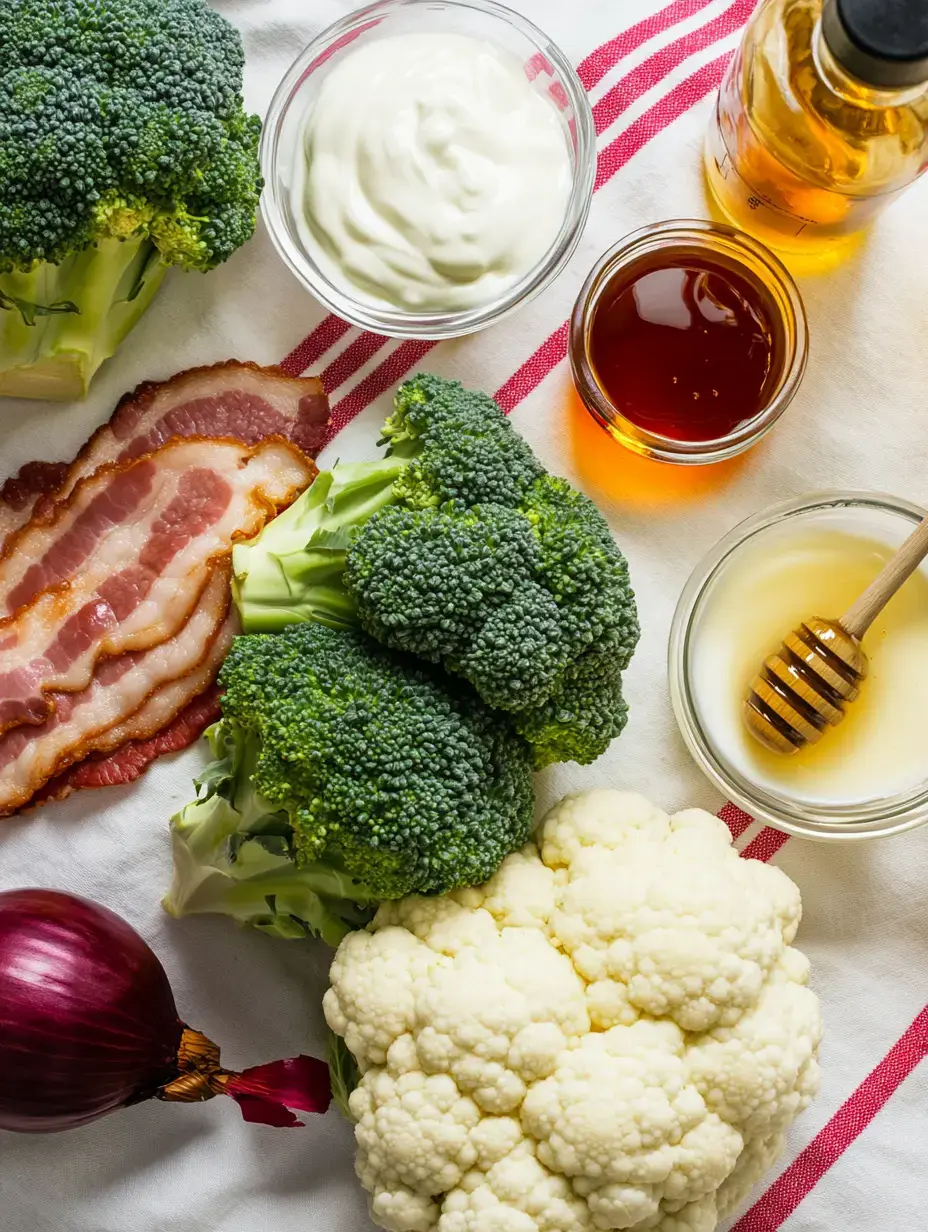 A variety of fresh vegetables including broccoli and cauliflower, along with bacon, a bowl of yogurt, honey, and cooking oil, arranged on a white surface.