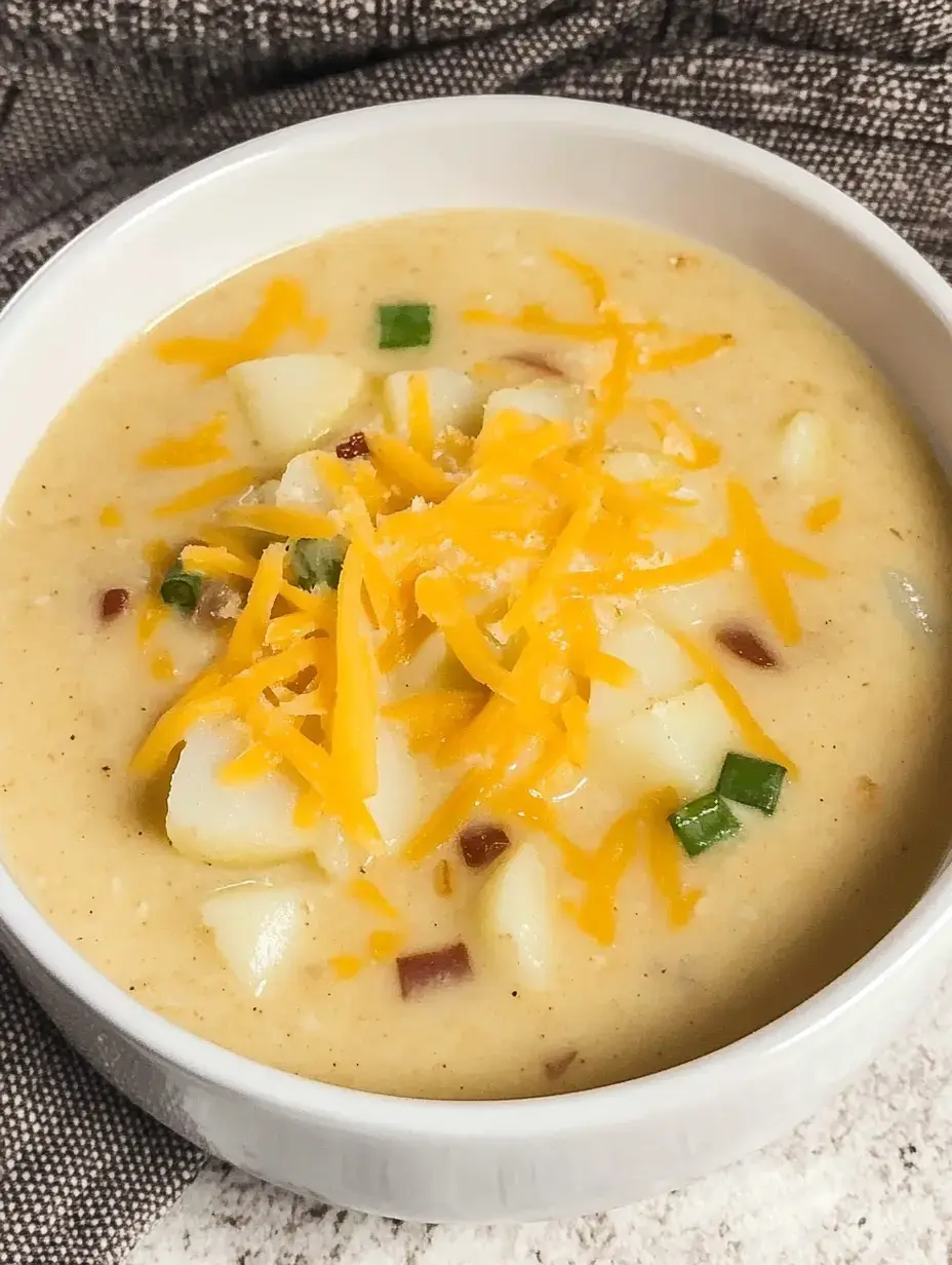 A bowl of creamy potato soup topped with shredded cheddar cheese and diced green onions.