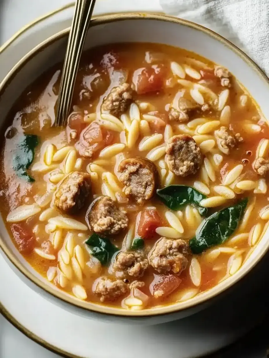 A bowl of savory orzo soup with ground meat, tomatoes, and spinach, garnished with a gold spoon.