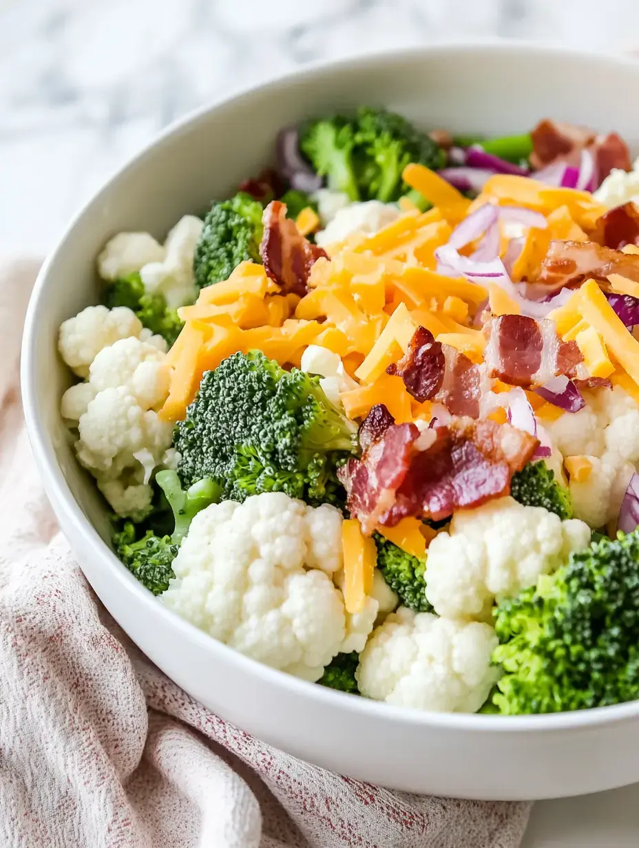 A bowl of mixed vegetables including broccoli, cauliflower, red onion, and topped with cheddar cheese and bacon bits.