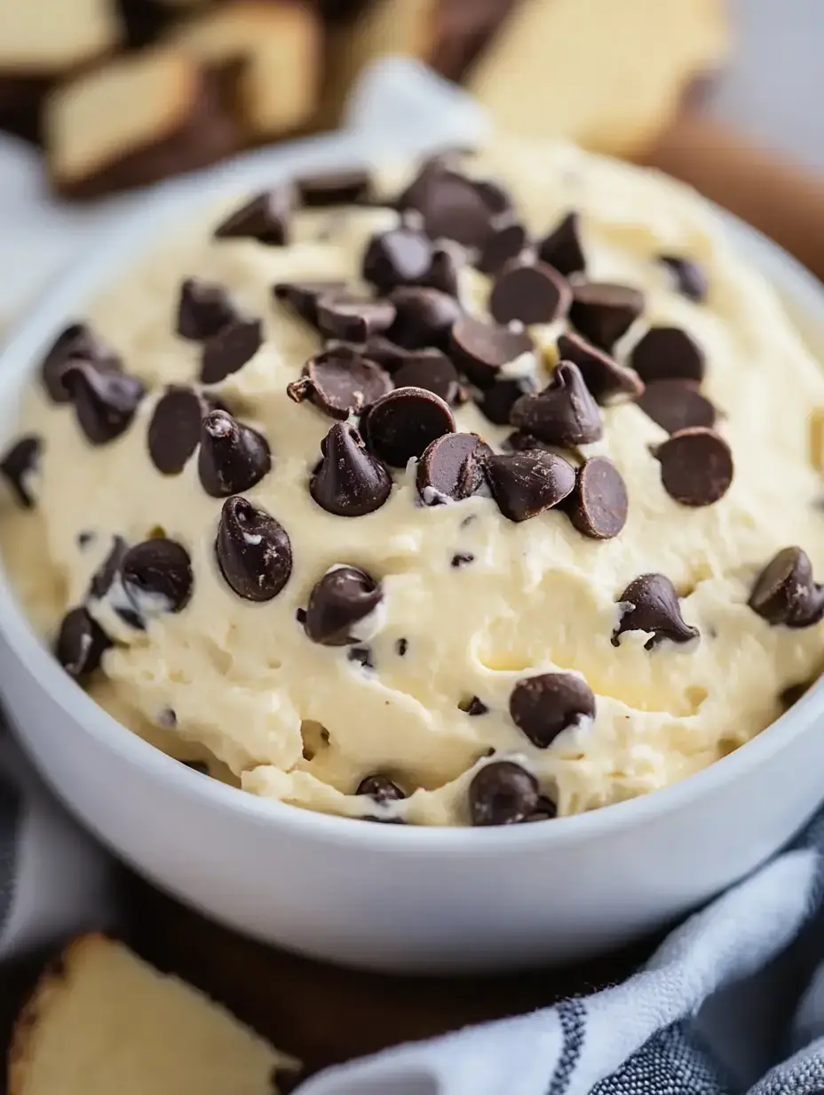 A bowl of creamy dessert topped with chocolate chips, with slices of yellow cake in the background.