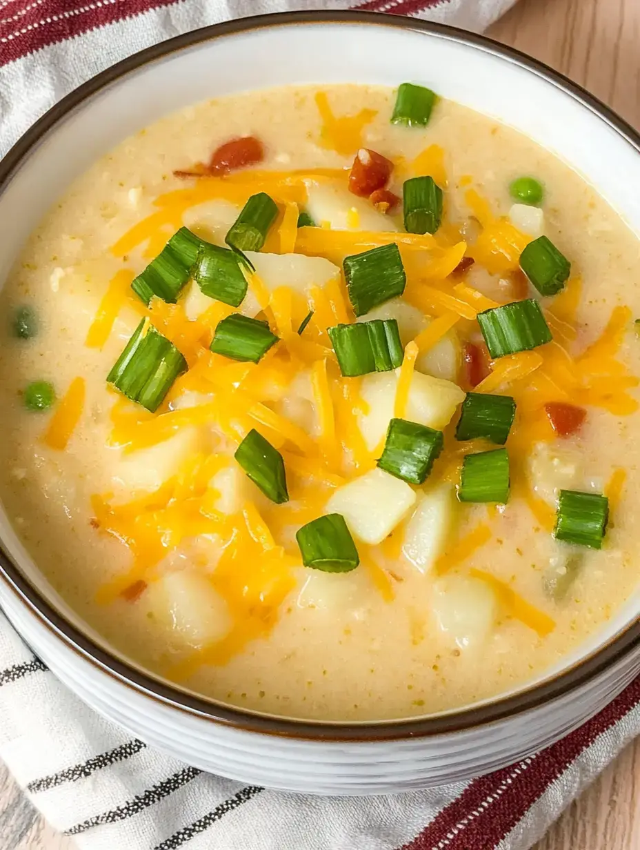 A bowl of creamy potato soup topped with cheddar cheese, green onions, and diced vegetables.