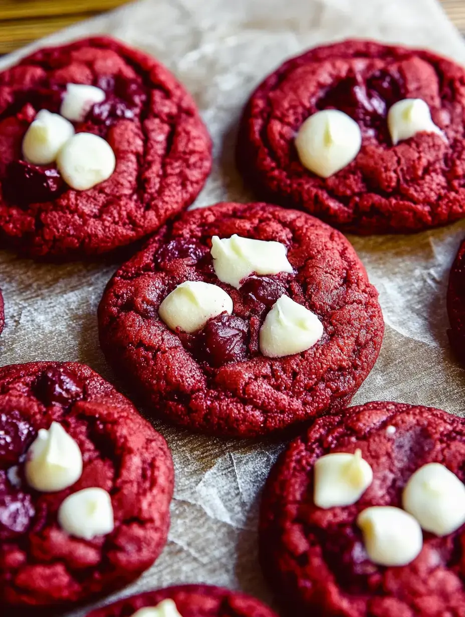 A close-up of freshly baked red velvet cookies topped with white chocolate chips and a dark filling.