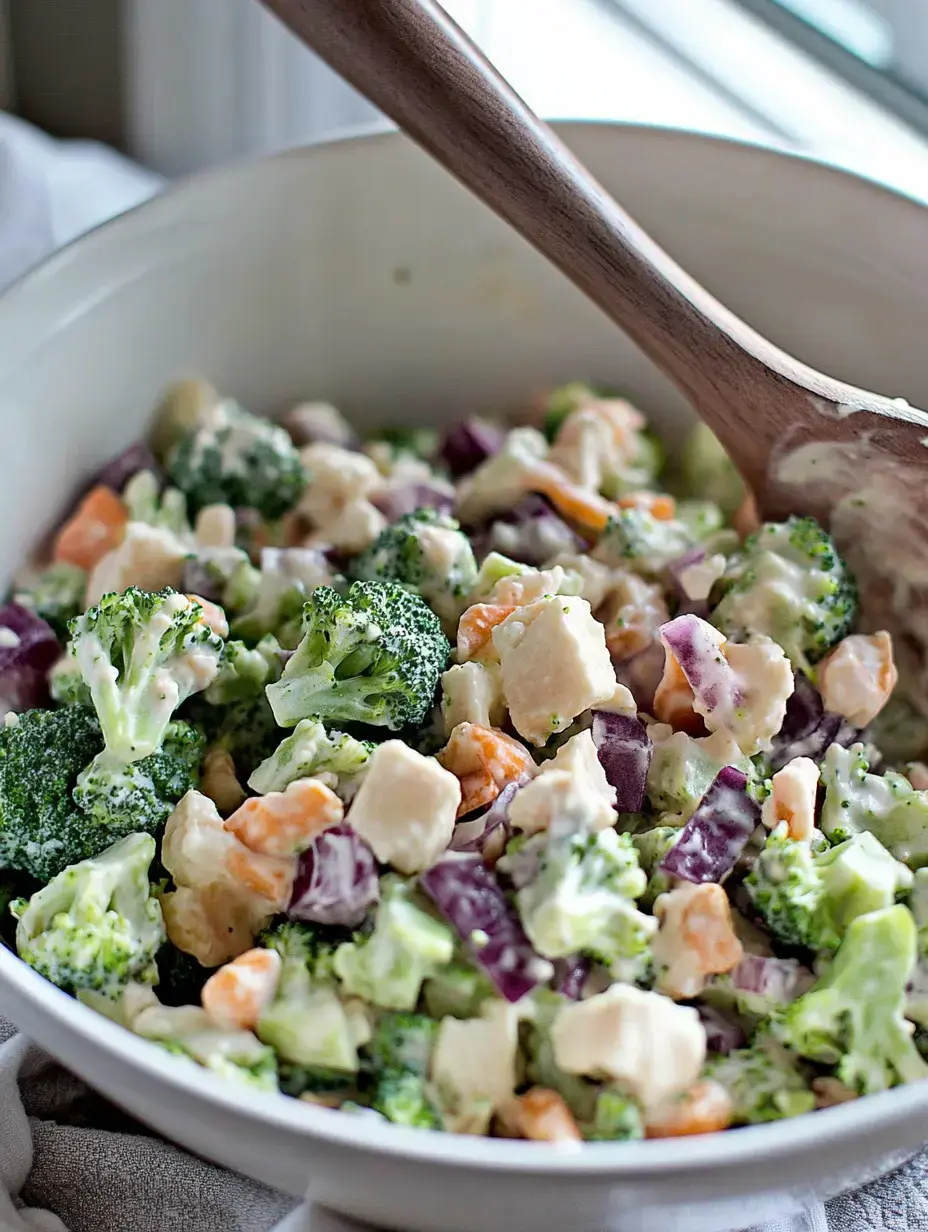 A large bowl of mixed salad featuring broccoli, purple cabbage, carrots, and a creamy dressing, with a wooden serving spoon resting on the edge.