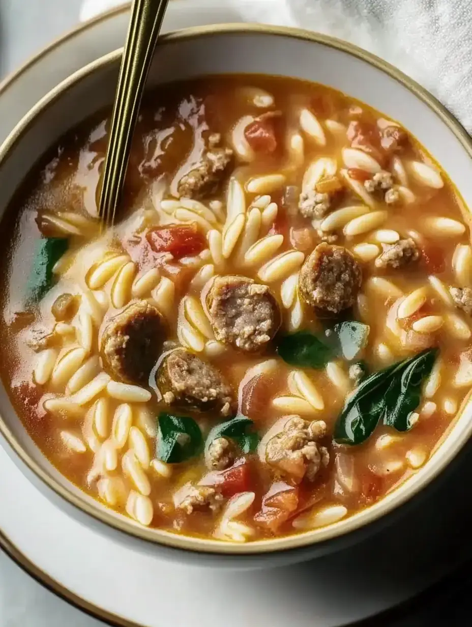 A close-up view of a bowl of soup with orzo, sausage pieces, spinach, and diced tomatoes, garnished with a gold spoon.