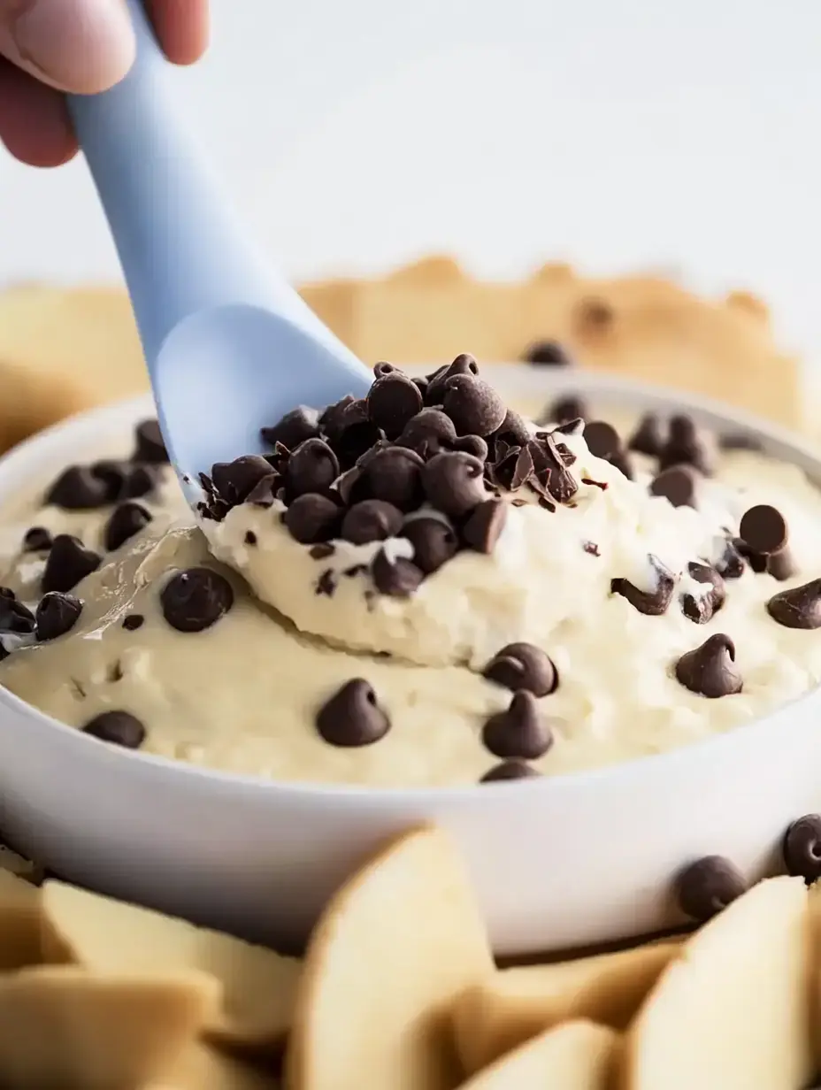 A close-up of a hand using a blue spoon to scoop chocolate chip dessert from a white bowl, surrounded by sliced apples.