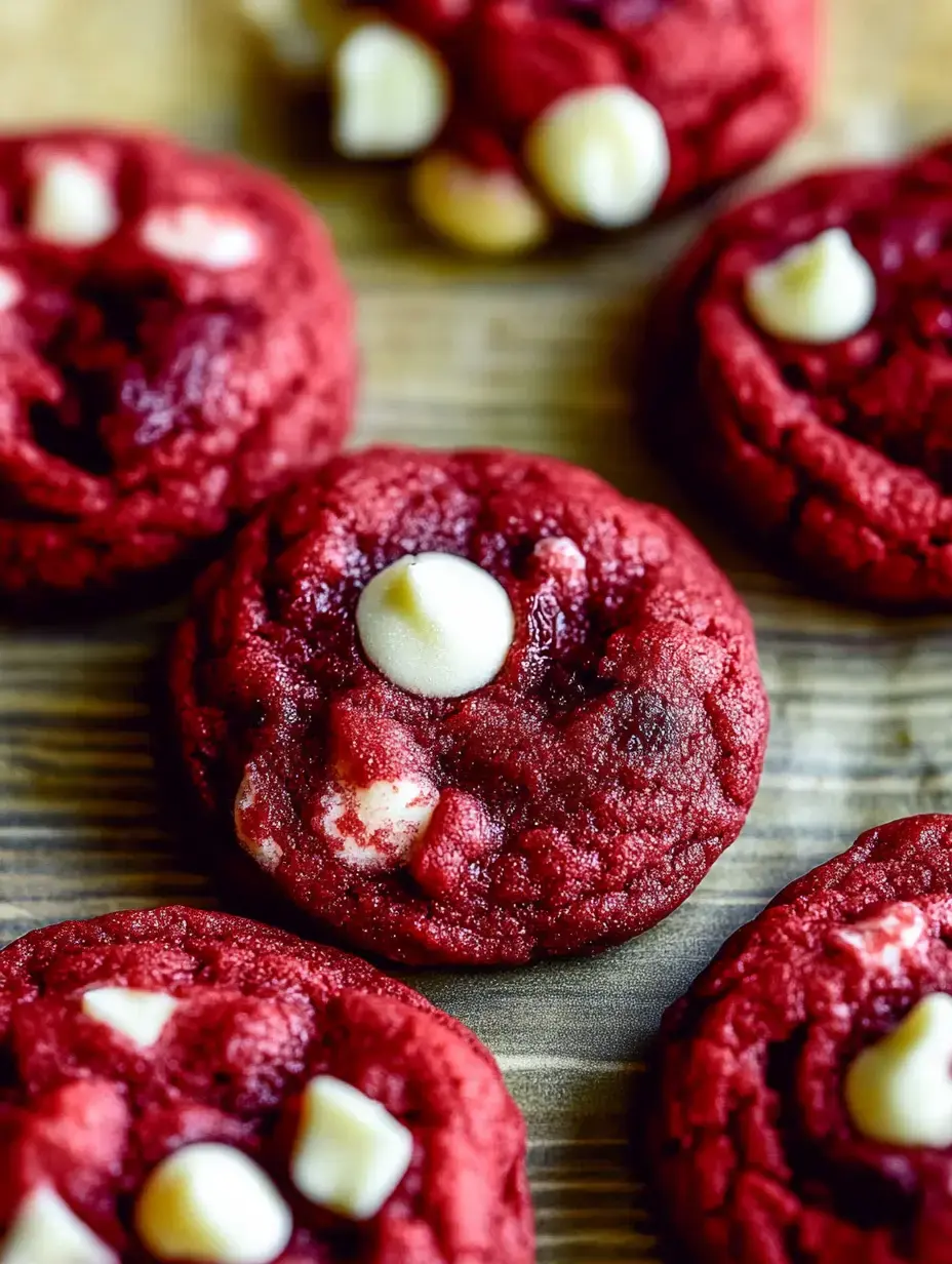 A close-up of red velvet cookies featuring white chocolate chips on a wooden surface.