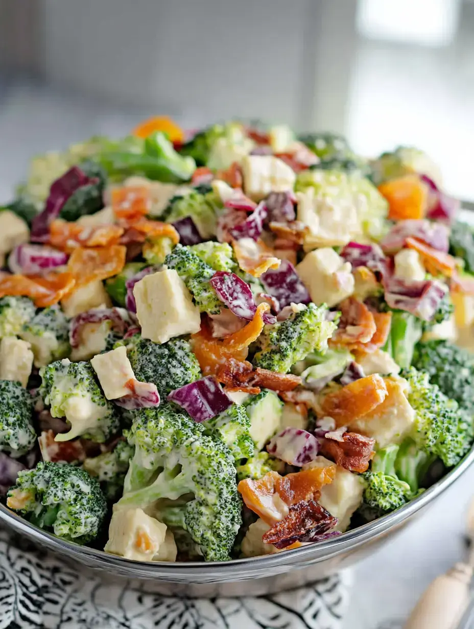 A vibrant bowl of mixed salad featuring broccoli, cheese, bacon, and colorful vegetables, garnished with a creamy dressing.