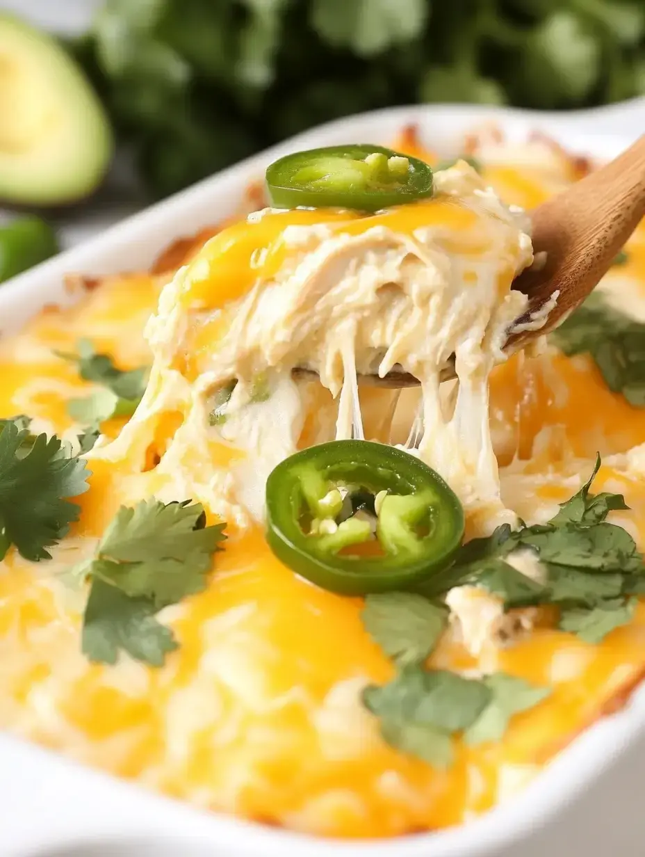 A close-up of cheesy chicken casserole topped with sliced jalapeños and cilantro, with a wooden spoon lifting a portion revealing the melted cheese.