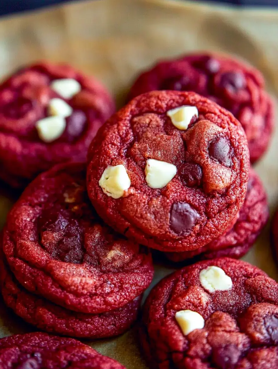 A close-up view of stacked red velvet cookies, featuring white and dark chocolate chips on top.