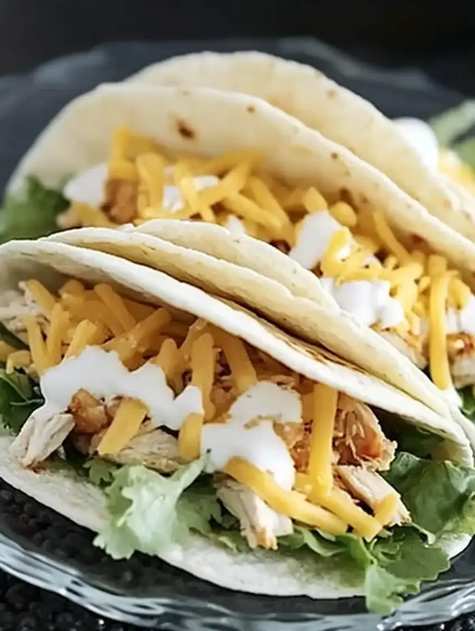 Three soft tortillas filled with shredded chicken, grated cheese, lettuce, and drizzled with sour cream, arranged on a clear plate.