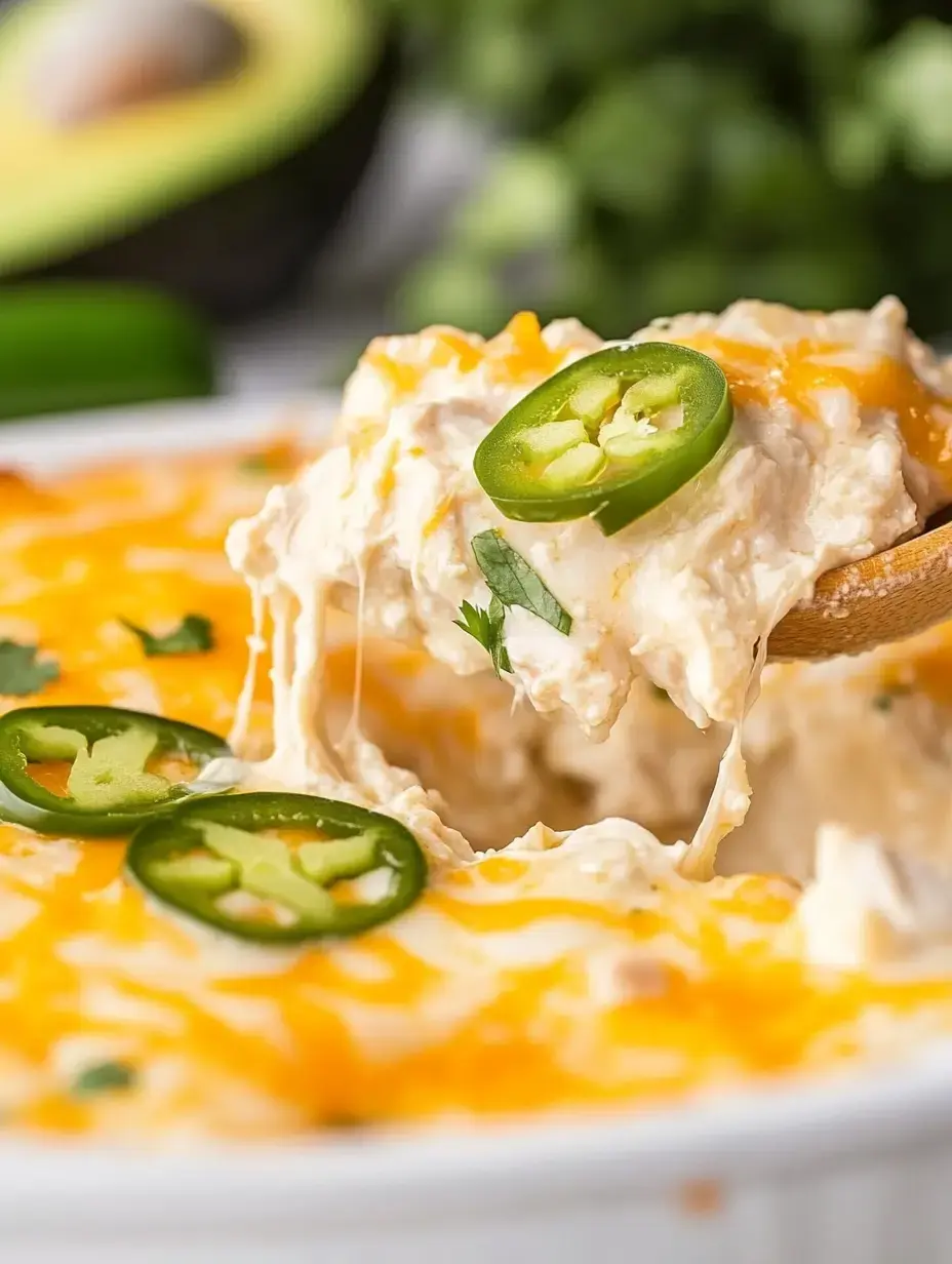 A wooden spoon lifts a cheesy, creamy dish topped with jalapeños and cilantro, with fresh avocado and herbs blurred in the background.