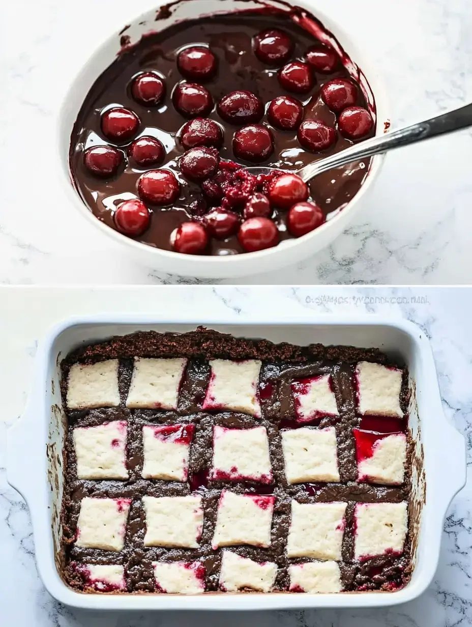 The image shows a bowl of cherries mixed with chocolate sauce on top, and below it is a baked dessert with a chocolate base and a grid of cream-colored squares filled with cherry jam.