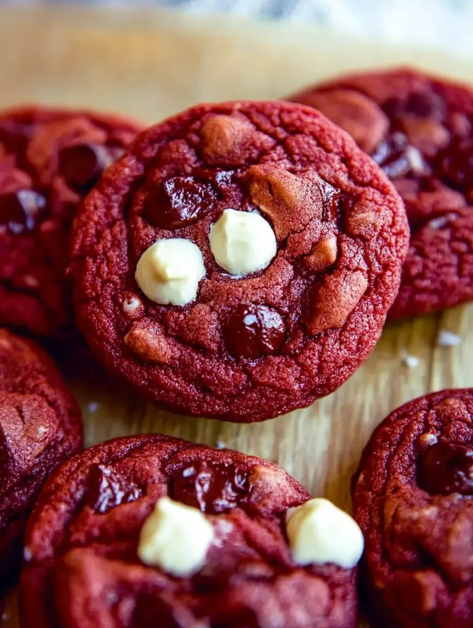 A close-up of red velvet cookies with chocolate chips and white chocolate pieces displayed on a wooden surface.