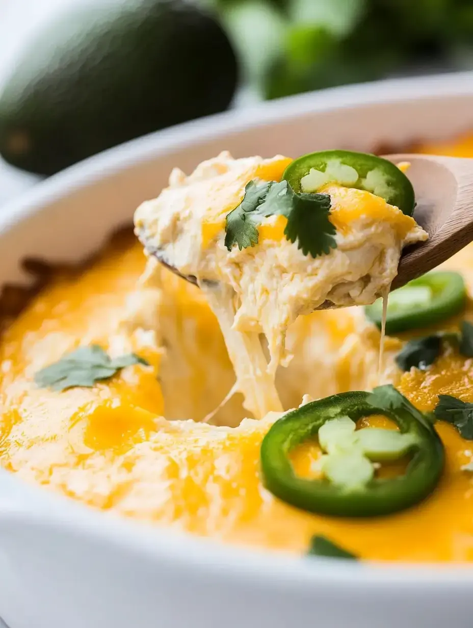 A wooden spoon is pulling a cheesy, creamy dip topped with green jalapeños and cilantro from a white dish, with avocados in the background.