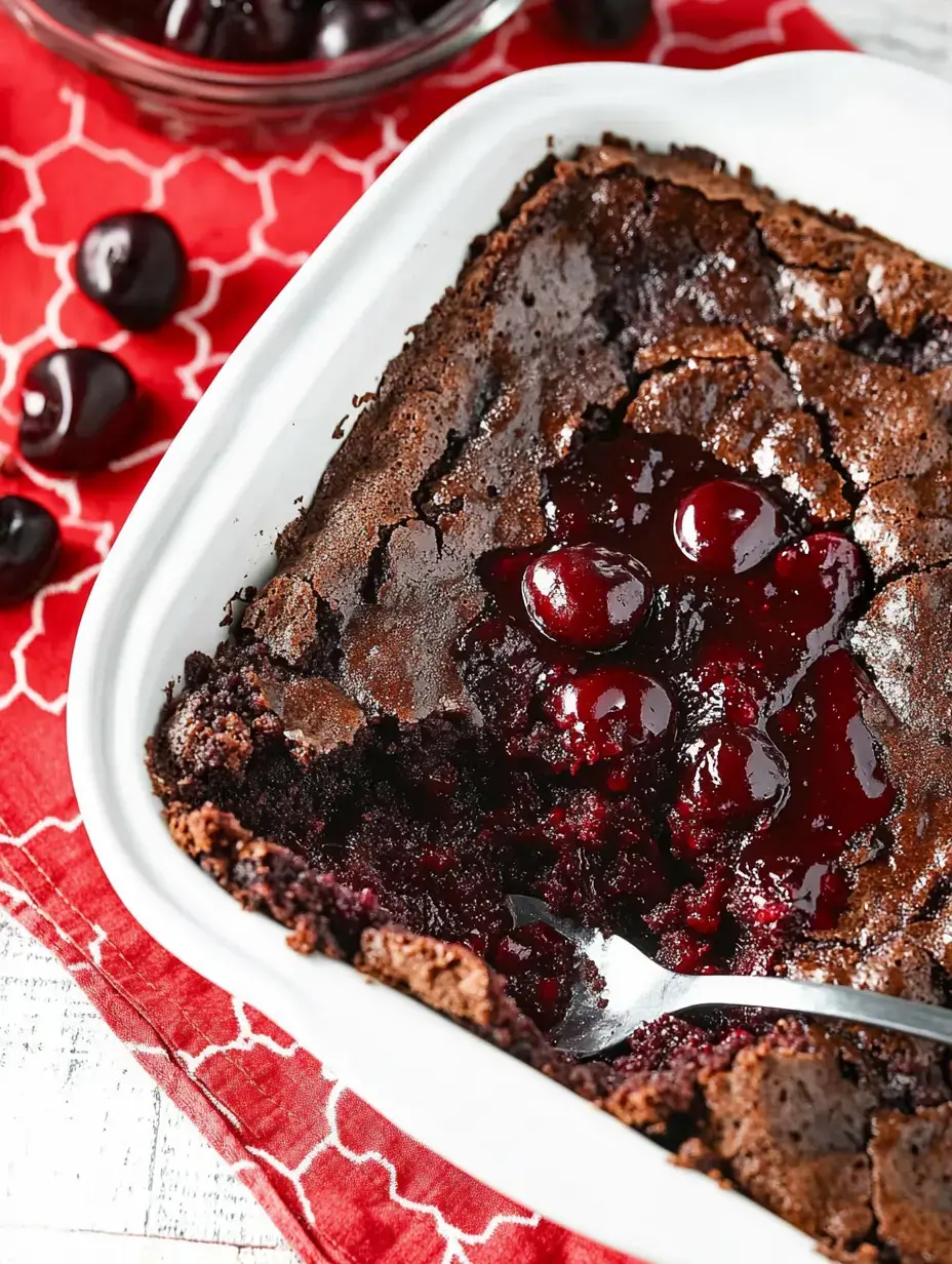 A close-up of a chocolate dessert with cherry topping in a white dish, set on a red patterned cloth, with several cherries scattered around.