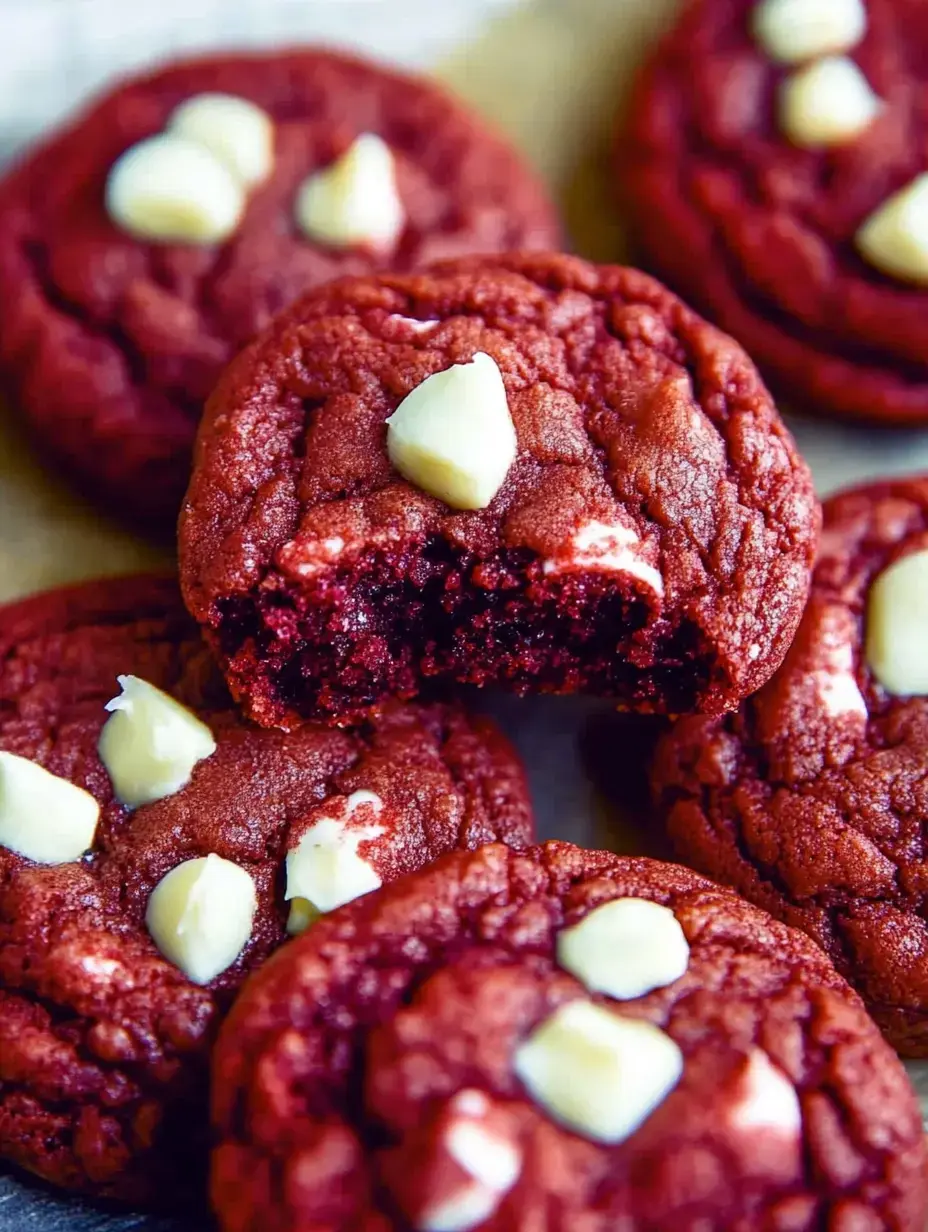 A close-up of soft red velvet cookies with white chocolate chips, one cookie partially bitten.