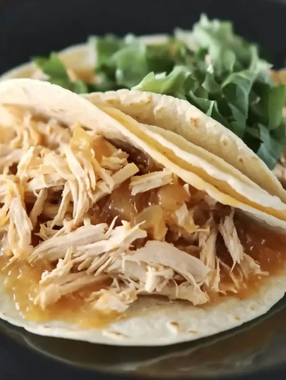 Two corn tortillas filled with shredded chicken and topped with green lettuce.