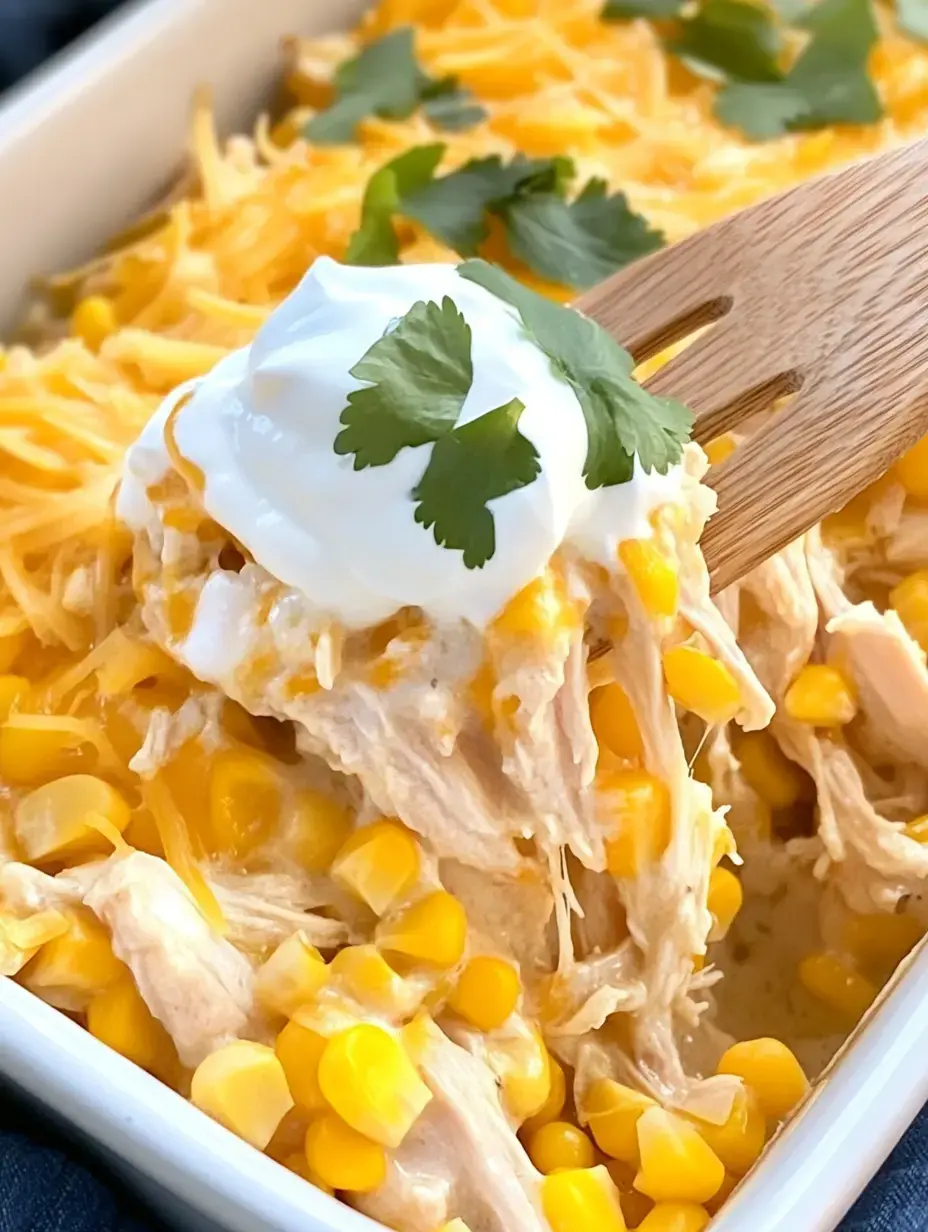 A serving of creamy chicken and corn casserole topped with sour cream and cilantro is being lifted by a wooden spoon.