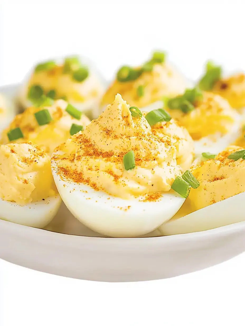 A plate of deviled eggs topped with green onions and sprinkled with paprika.