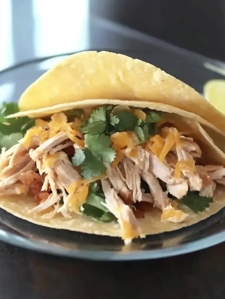 A plate holds a taco filled with shredded chicken, cilantro, and cheddar cheese.