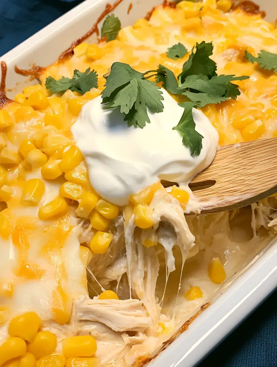 A close-up view of a cheesy baked dish with shredded chicken, corn, and garnished with cilantro and a dollop of sour cream.