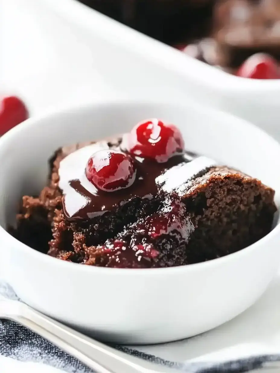 A close-up of a bowl containing a piece of chocolate cake topped with cherry sauce and two cherries.